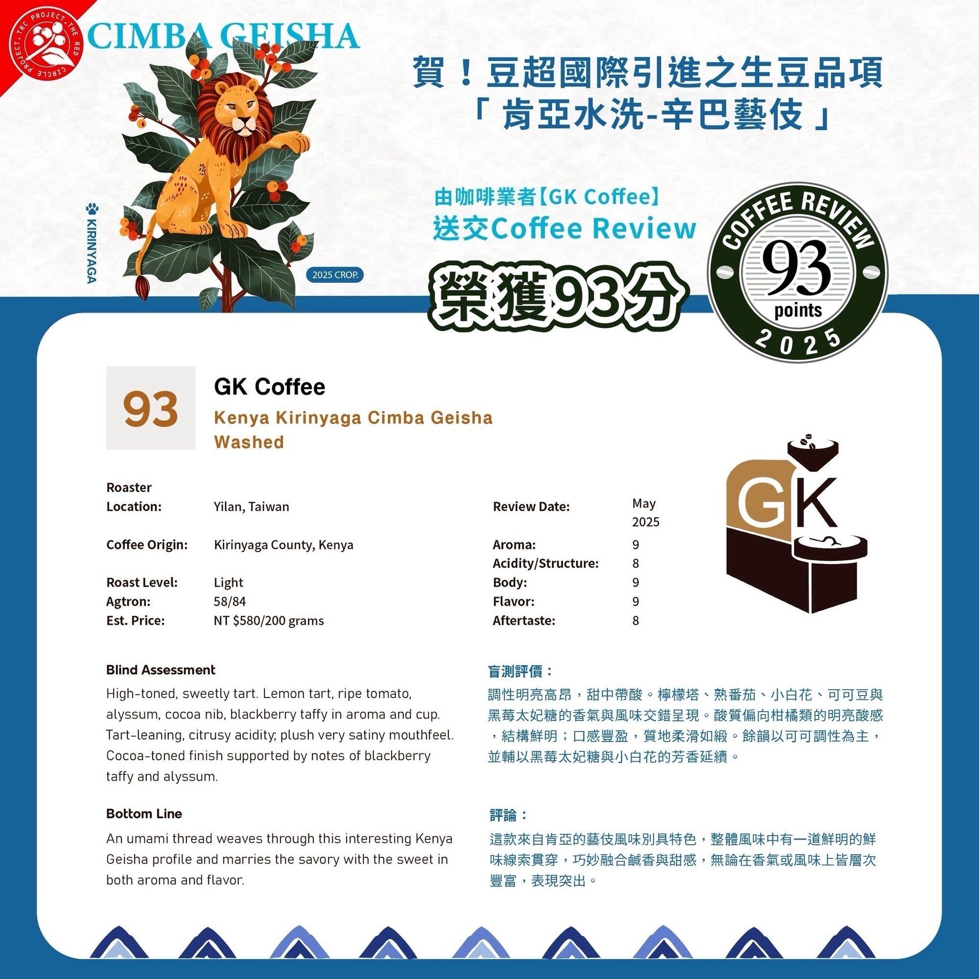 CR93 Kenya Kirinaga Cimba Station Geisha Natural Washed Light